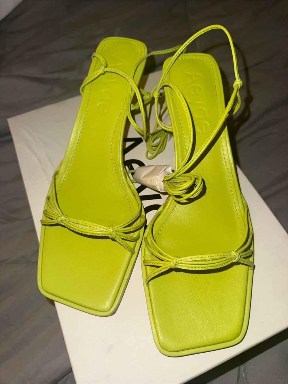 Aeyde Square-Toe Lace-Up Sandals in Neon Green
